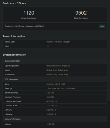 Intel Core Ultra 5 135H Geekbench prestaties (afbeelding via Geekbench)