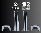 PS5-consoles worden getoond onder Xbox- en Nintendo Switch 2-logo's (Afbeeldingsbron: Sony PlayStation, Microsoft Gaming, Nintendo of America met bewerkingen)