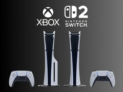 PS5-consoles worden getoond onder Xbox- en Nintendo Switch 2-logo&#039;s (Afbeeldingsbron: Sony PlayStation, Microsoft Gaming, Nintendo of America met bewerkingen)