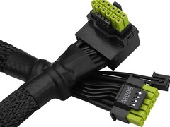 ASRock&#039;s L-vormige 12V-2x6 kabel met groene pinnen. (Afbeeldingsbron: ASRock)