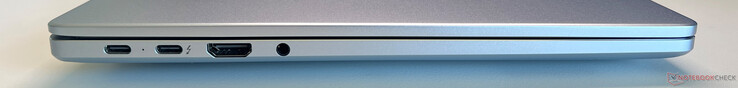 Links: USB-C 3.2 Gen.1 (5 Gbit/s, DisplayPort ALT-modus, Power Delivery), USB-C 4.0 met Thunderbolt 4 (40 Gbit/s, DisplayPort ALT-modus, Power Delivery), HDMI 2.1 TMDS, 3,5 mm audio