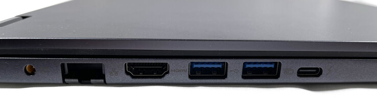 Links: oplaadpoort, uitklapbare gigabit-ethernetpoort, HDMI 2.0, 2x USB 3.2 Gen. 2, USB-C Thunderbolt 4 (met DisplayPort &amp; Power Delivery)