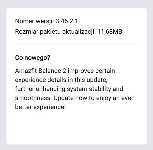 De releaseopmerkingen voor de Amazfit Balance 2 smartwatch firmware 3.46.0.1