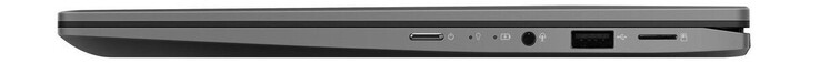 Rechts: power-knop, gecombineerde 3.5-mm audio-klink, 1x USB 2.0 Type-A, microSD-kaartlezer