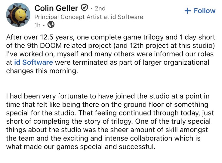 Colin Geller, de man die verantwoordelijk was voor de artistieke leiding van de moderne Doom-reeks, is eveneens ontslagen