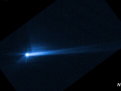 Afbeelding van de brokstukken die van het oppervlak van Dimorpho zijn weggeblazen na een opzettelijke inslag door NASA's DART-ruimtevaartuig (bron: NASA, ESA, STScI en Hubble; bijgesneden)