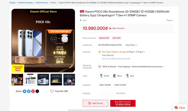 De Poco X8s-vermelding zoals die verscheen in de officiële Shopee-winkel van Xiaomi in Vietnam