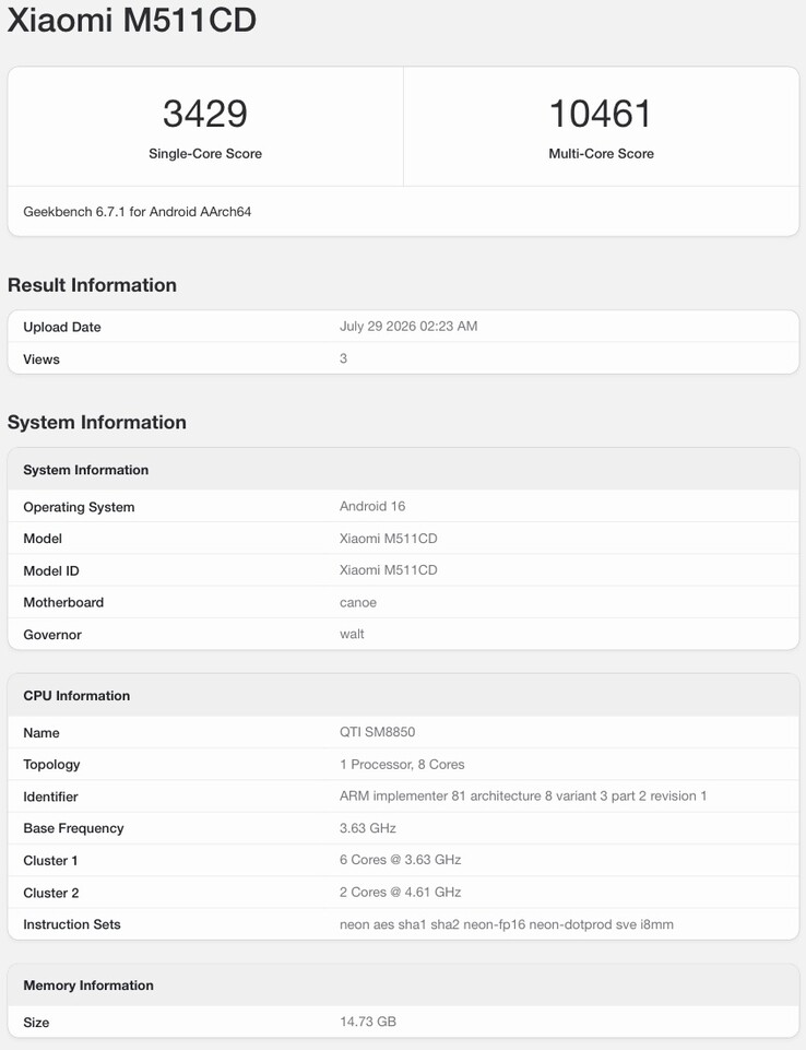 Geekbench-vermelding van de vermeende Redmi K100 Pro.