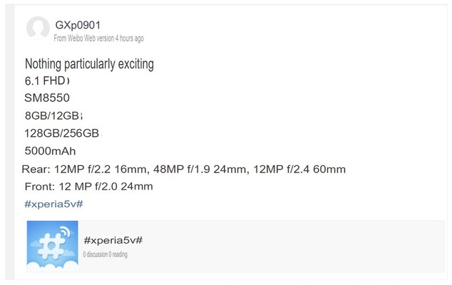 Vermeende specs van de Xperia 5 V. (Beeldbron: Weibo via SumahoDigest)