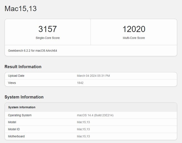 Geekbench 6 benchmarkscores van de M3-MacBook Air. (Bron: Geekbench)