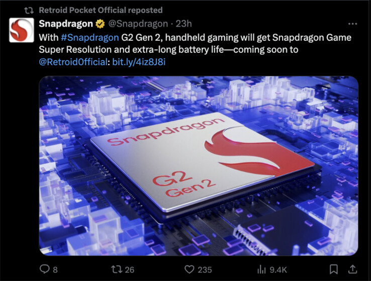 Qualcomm plaagde Retroid's gebruik van de Snapdragon G2 Gen 2 in maart. (Afbeeldingsbron: Qualcomm &amp; X)