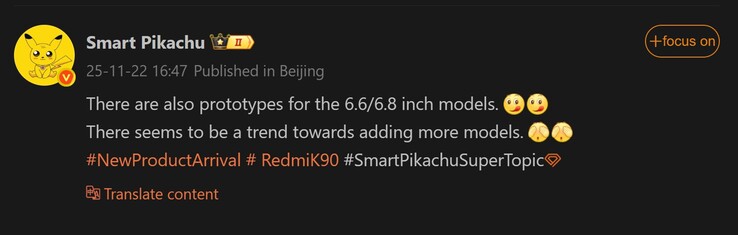 Smart Pikachu doet verslag van schermgrootte Redmi K90 Pro (Afb. bron: Weibo - machine vertaald)