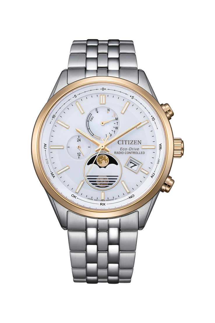 Citizen BY1034-59A Eco-Drive-horloge met maanfase, voorzien van een witte wijzerplaat en een tweekleurige roestvrijstalen armband.