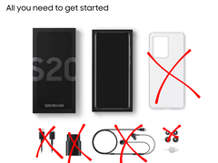 Inhoud van de Samsung Galaxy-verpakking: een telefoon, doos en hoesje, waarbij de oplader, kabel en oortjes zijn doorgestreept