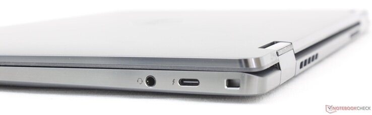 Rechts: 3,5 mm headset, USB-C 3.2 w / Thunderbolt 4 + Power Delivery + DisplayPort, wigvergrendeling