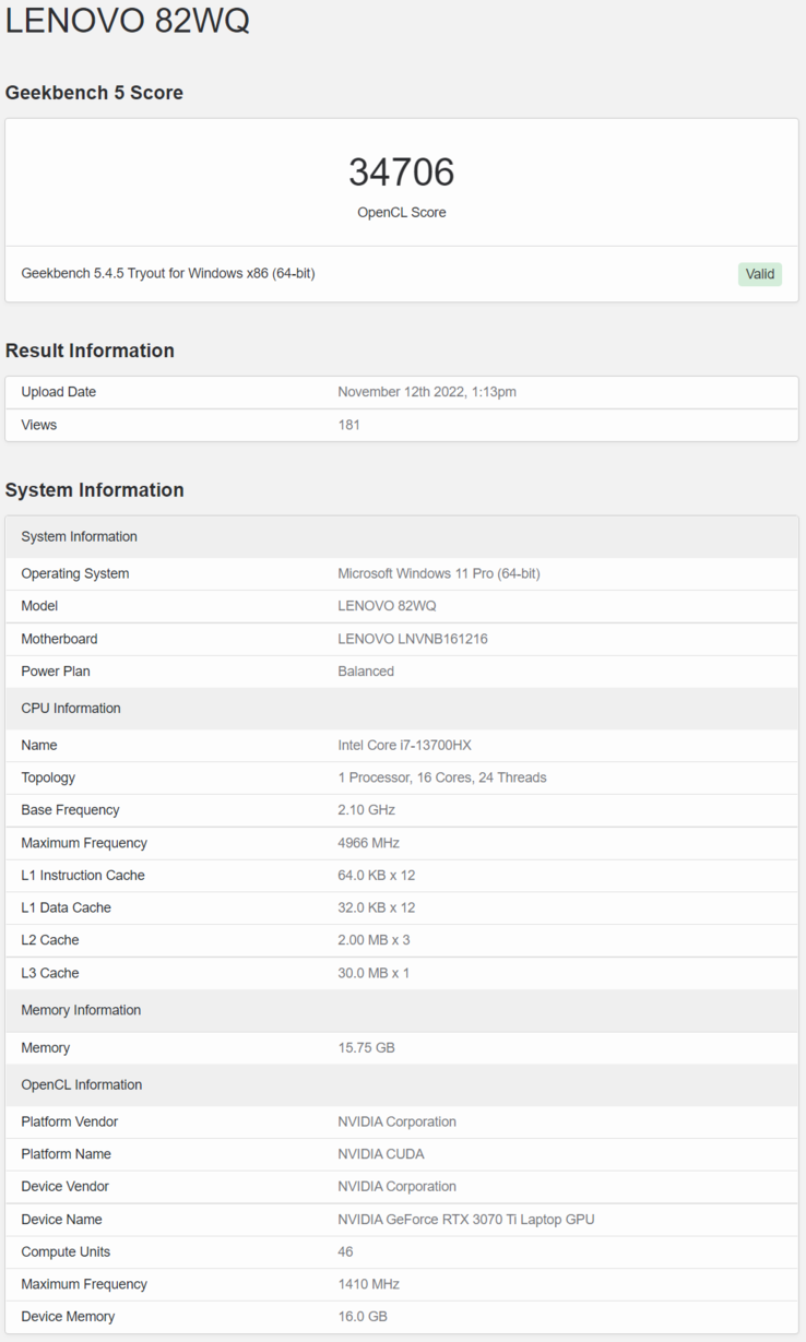 Intel Raptor Lake Core i7-13700HX in de Lenovo IdeaPad 330 op Geekbench. (Bron: Geekbench)