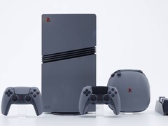 Limited edition PlayStation 5 Pro 30th Anniversary-console in retrogrijs met twee bijpassende DualSense-controllers, een draagtas en een controller-oplaaddock. (Afbeelding Bron: Sony Interactive Entertainment)