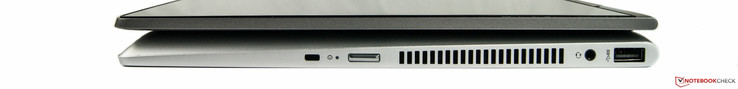 Links: USB-A, gecombineerde stereo-klink, stroom, beveiligingsslot