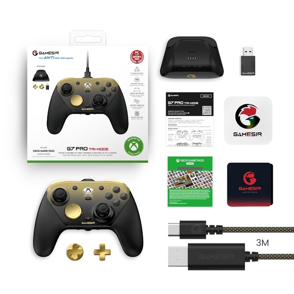 De GameSir G7 Pro Golden Ombre wordt geleverd met extra D-Pads, een kabel, oplaaddock en draadloze dongle. (Afbeelding bron: GameSir)