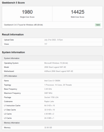 Intel Core i5-13600K Geekbench listing (afbeelding via Geekbench)