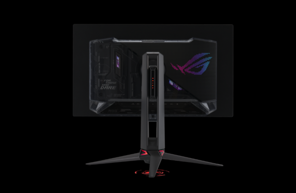 Achterkantontwerp en statiefgeschikte voet van de ROG Swift OLED PG27AQDPR