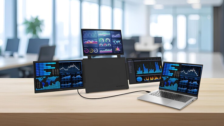 De afbeelding toont de draagbare Acer PD163Q-monitor in combinatie met een laptop in de modus voor schermuitbreiding