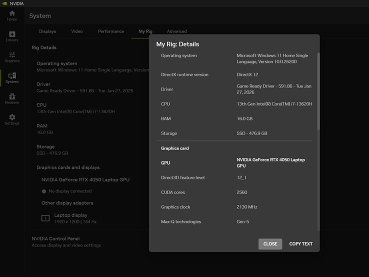 Nvidia installatiedetails op de Lenovo LOQ 16IRH8