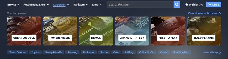 Het nieuwe tabblad "Categorieën" is afgestemd op het gebruikersgedrag van gamers. (Afbeeldingsbron: Steam)