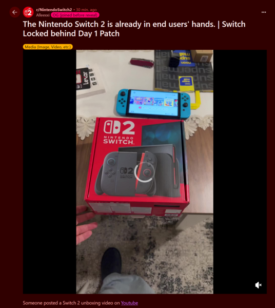 Nintendo Switch 2 unboxing video Reddit post (Afbeelding bron: Nintendo Switch 2 subreddit)