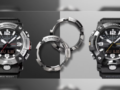 Een promotionele afbeelding voor de twee nieuwe Casio G-Shock Mudmaster horloges met de bezels in het midden.