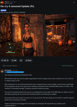 Far Cry 4 censuurpost op Reddit (Afbeelding bron: screenshot, Far Cry 4 subreddit)
