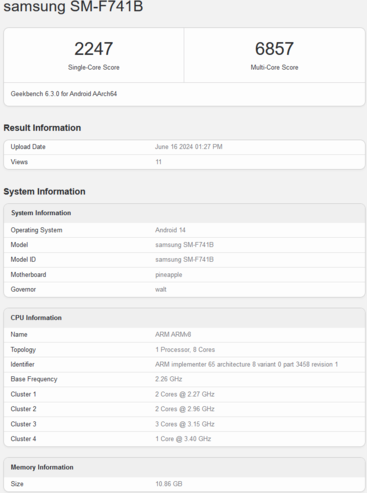 Samsung Galaxy Z Flip6 Geekbench listing met 12 GB RAM (afbeelding via Geekbench)