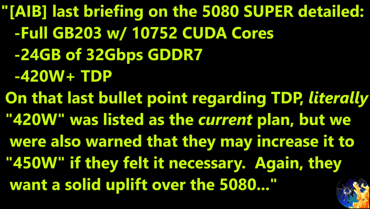 RTX 5080 Super specs gelekt. (Afbeeldingsbron: Moore's Law Is Dead op YouTube)