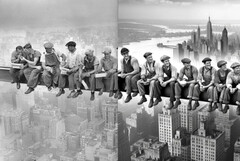 Het blijkt dat AI-afbeeldingsgeneratoren zelfs zonder directe aanwijzingen in staat zijn om klassieke foto&#039;s na te maken, zoals Lunch Atop a Skyscraper. (Afbeeldingsbron: Publiek domein / DALL-E via PetaPixel)