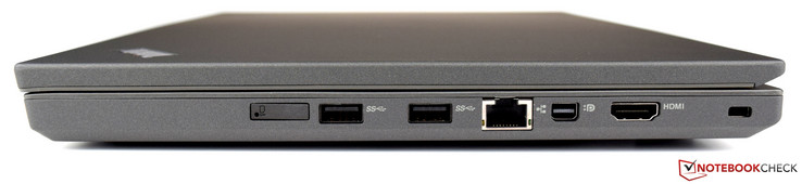Rechts: SIM-kaartsleuf, 2x USB 3.0, RJ45-LAN, mini DisplayPort, HDMI, Kensington Lock