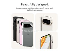 Google's Pixel 9-serie zal een zachte matte achterkant hebben. (Bron: @OnLeaks x 91Mobiles)