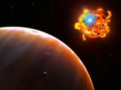 Een illustratie van een ster, een exoplaneet en een natuurlijke satelliet.