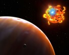 Een illustratie van een ster, een exoplaneet en een natuurlijke satelliet.