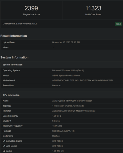 AMD Ryzen 5 7500X3D Geekbench score (bron: Geekbench)