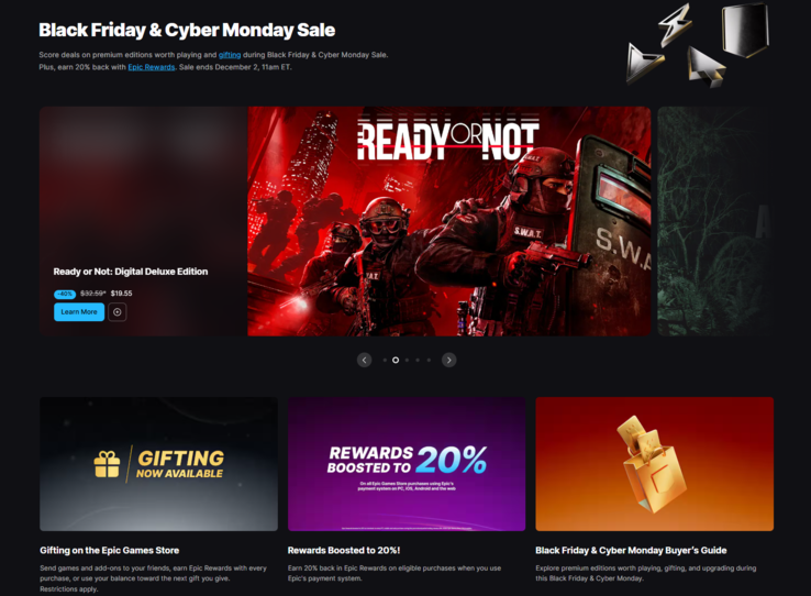 Een screengrab van de aanbiedingenpagina van de Epic Games Store voor Black Friday (bron: Epic)
