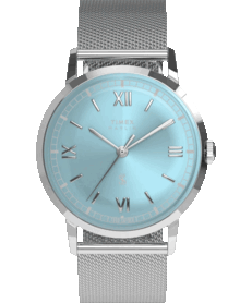 Timex x Todd Snyder Marlin Mesh-horloge met een aquablauwe wijzerplaat met zonnestraalpatroon en een Milanese armband.