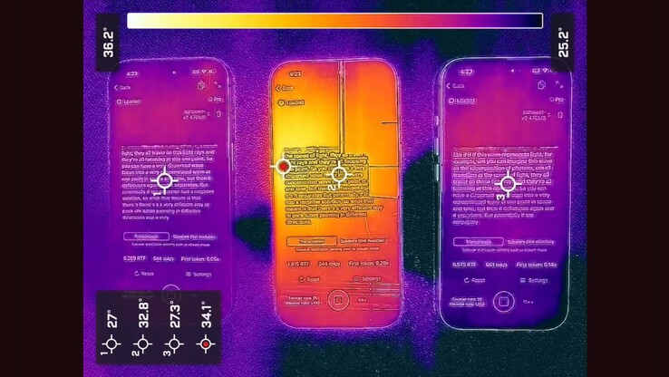 Apple koelprestaties iPhone 17 Pro (links) vs iPhone 16 Pro (midden) vs iPhone 17 (rechts). (Afbeeldingsbron: Argmax)