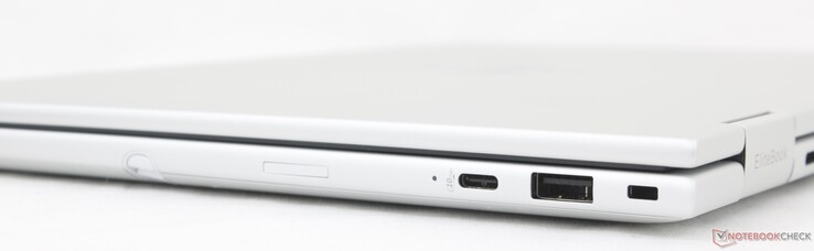 Rechts: USB-C 3.2 Gen. 1 (10 Gbps) met DisplayPort 1.4 + Power Delivery, USB-A (5 Gbps), veiligheidsslot, Nano-SIM-sleuf (optioneel)