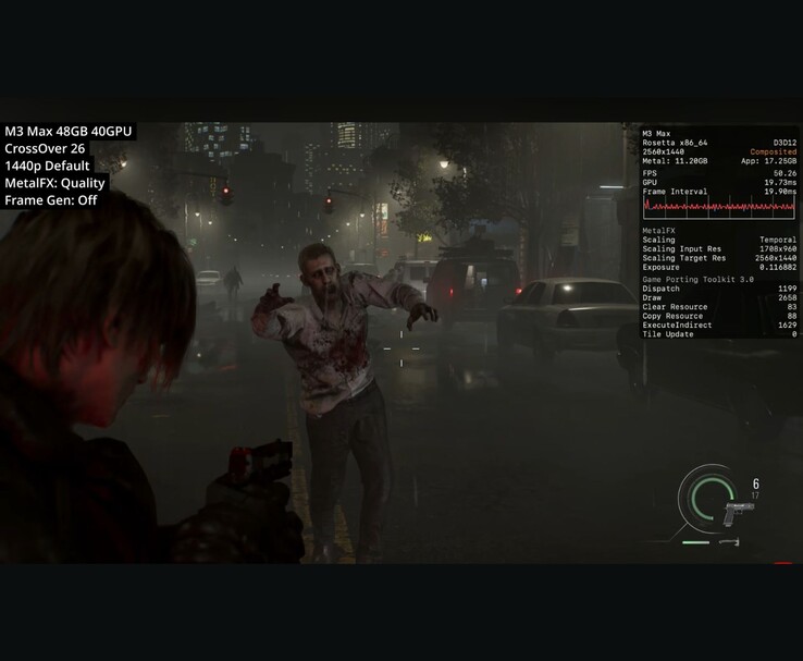 Resident Evil Requiem draait op M3 Max Mac via CrossOver 26 op 1440p met MetalFX Quality en laat ongeveer 50 FPS zien.