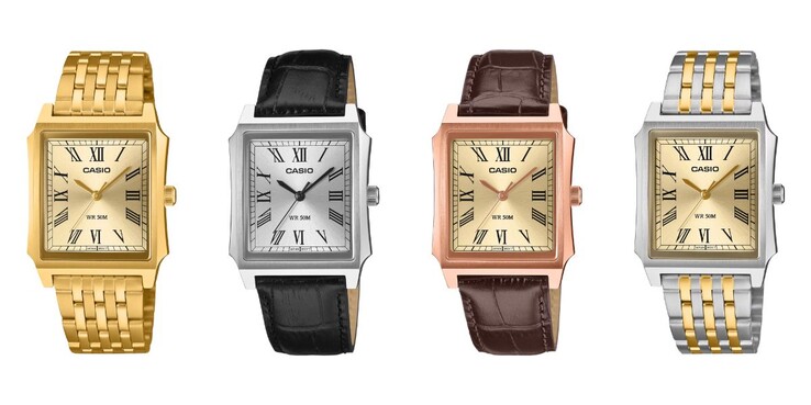 Van links naar rechts: de Casio MTP-B190G-9BV, MTP-B190L-7BV, MTP-B190RGL-9BV en MTP-B190SG-9BV horloges