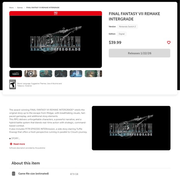 Final Fantasy 7 Remake Intergrade Nintendo eShop-vermelding met bestandsgrootte (Afbeelding bron: screenshot, Nintendo eShop)