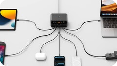 Zeven apparaten kunnen tegelijkertijd gevoed worden via USB-C of USB-A met een totaal maximum van 350 watt.