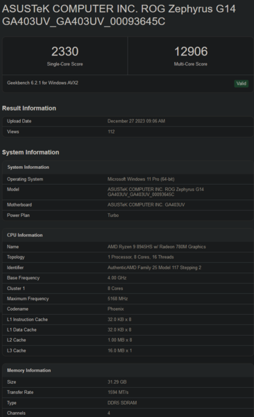 Ryzen 9 8945HS Geekbench notering (afbeelding via Geekbench)