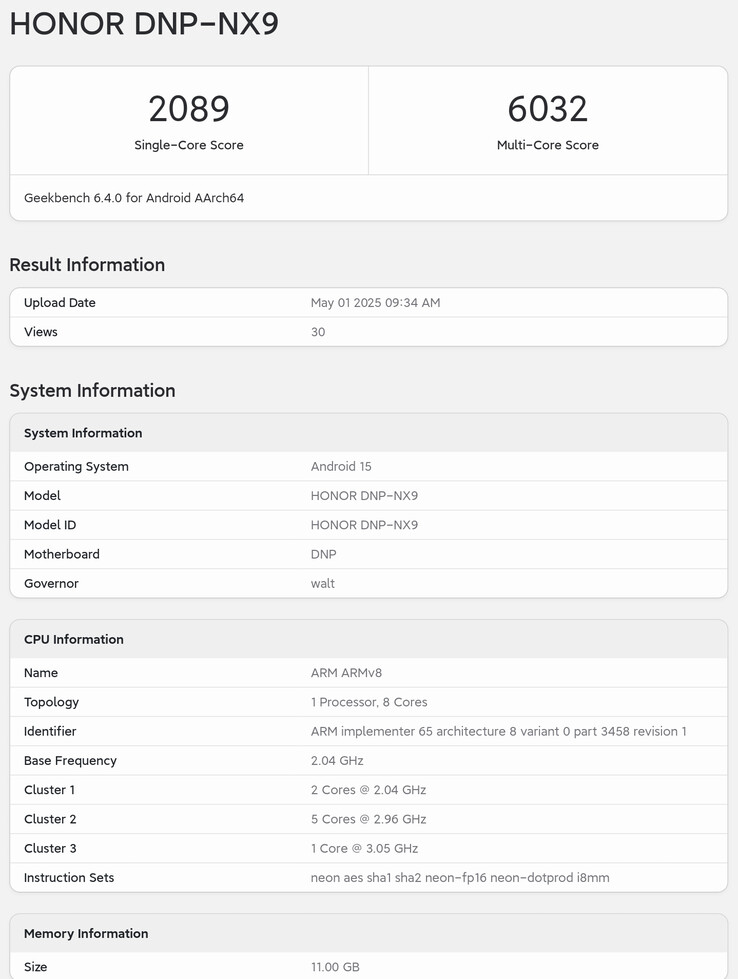 De "Honor 400 Pro" op Geekbench.  (Bron: Geekbench via Digital Chat Station)