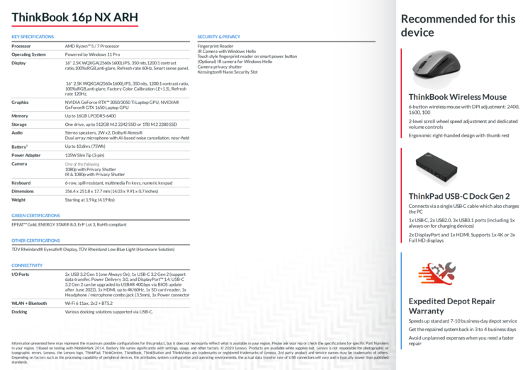 Lenovo ThinkBook 16p NX specificaties